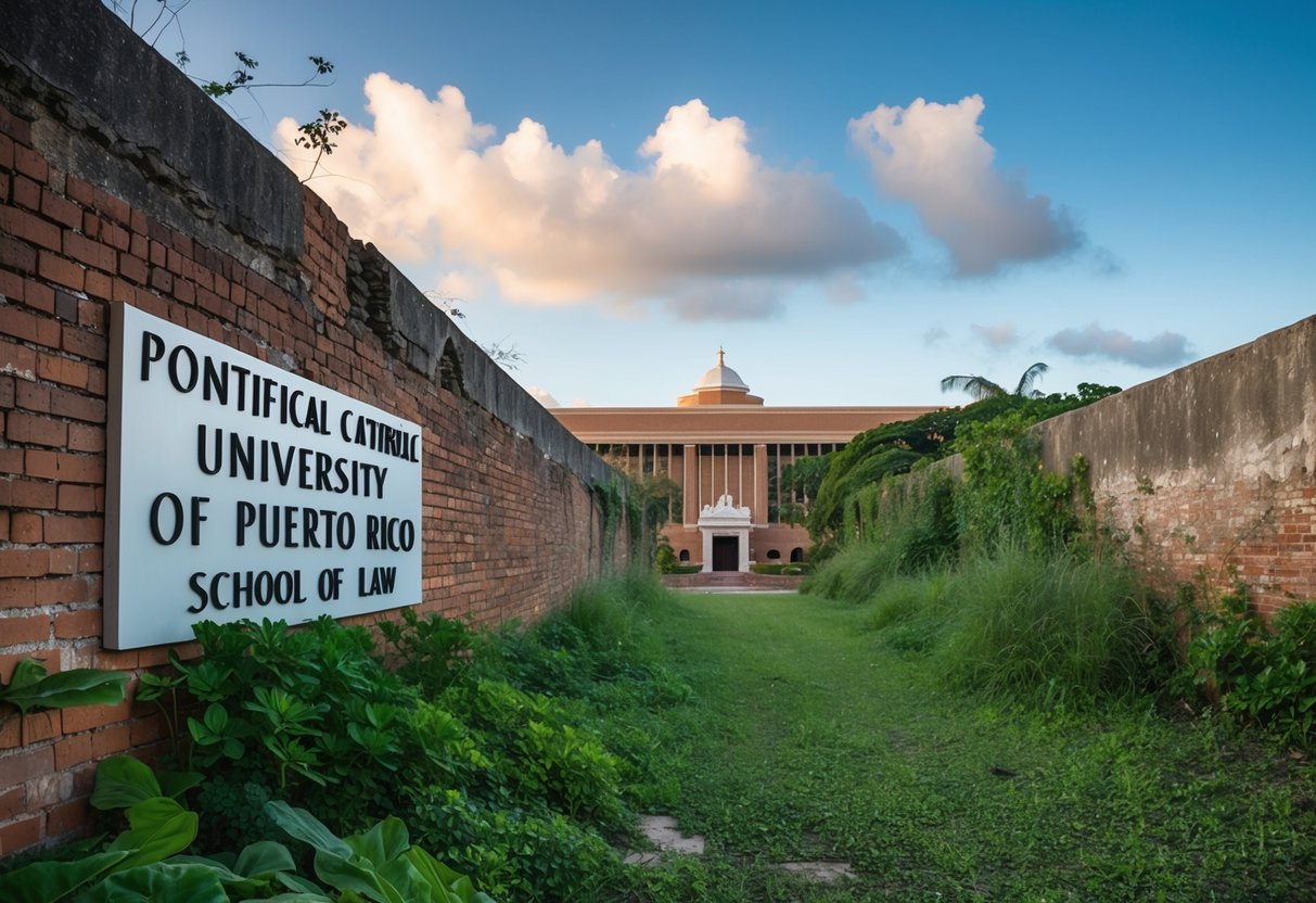 The Pontifical Catholic University of Puerto Rico School of Law surrounded by a crumbling brick wall, with overgrown weeds and a sense of neglect