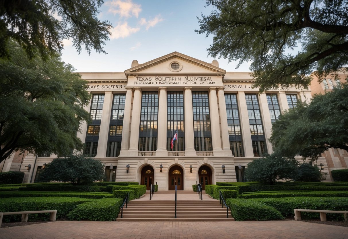 The iconic facade of Texas Southern University Thurgood Marshall School of Law stands tall and proud, surrounded by lush greenery