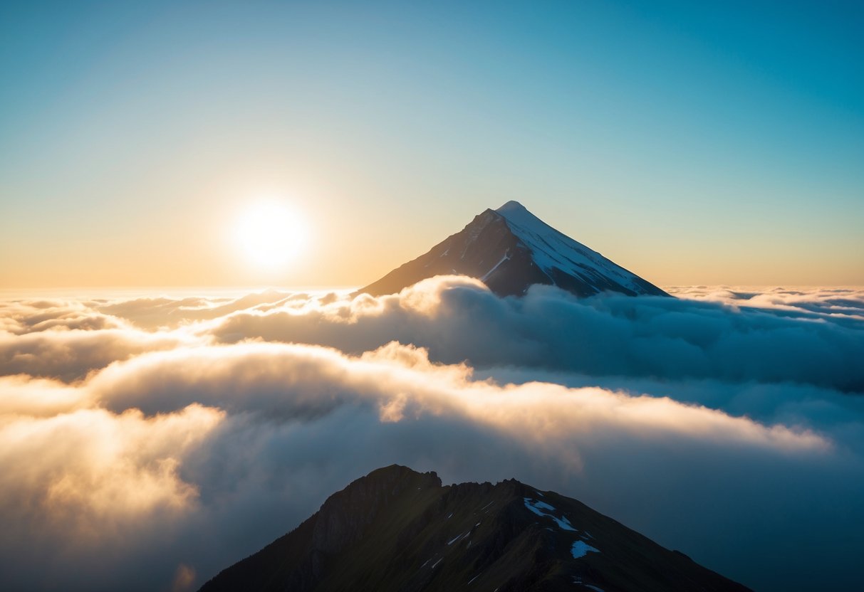 A mountain peak surrounded by clouds, with a clear blue sky above. The sun is rising, casting a warm glow over the landscape