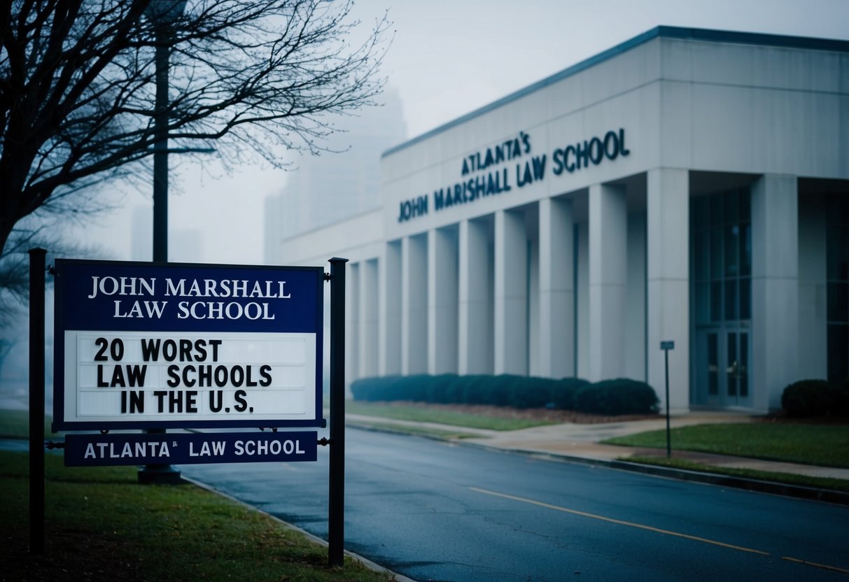 The exterior of Atlanta's John Marshall Law School with a sign displaying "20 Worst Law Schools in the U.S." A gloomy atmosphere surrounds the building