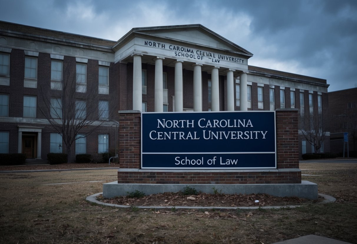 The North Carolina Central University School of Law is depicted in a scene with a somber and desolate atmosphere, surrounded by a sense of neglect and disrepair