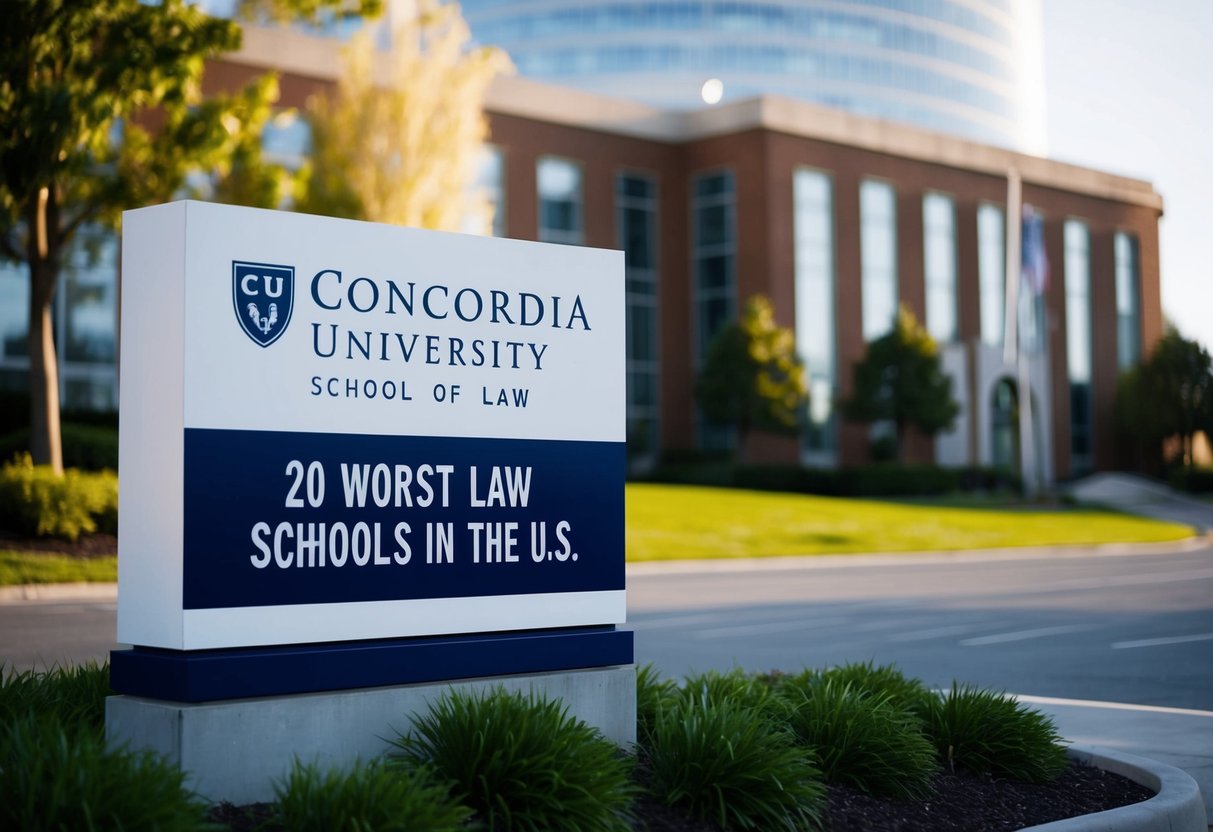 The exterior of Concordia University School of Law with a prominent sign listing it as one of the "20 Worst Law Schools in the U.S."