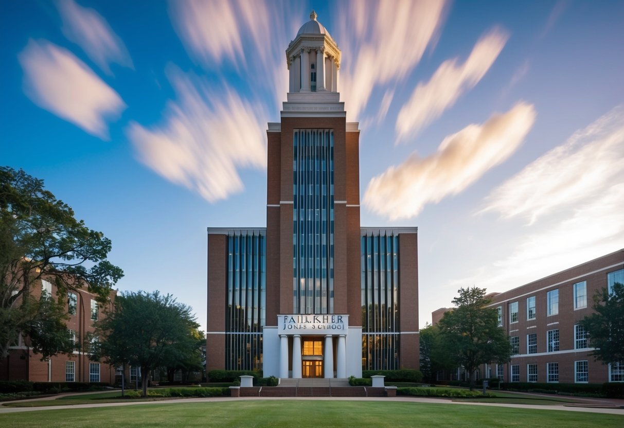 The iconic building of Faulkner University Jones School of Law stands tall against a backdrop of blue skies, with a well-maintained campus surrounding it