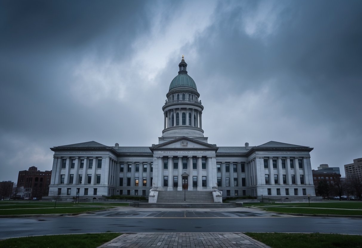 The New England Law Boston building surrounded by a gloomy, overcast sky, with a sense of desolation and neglect