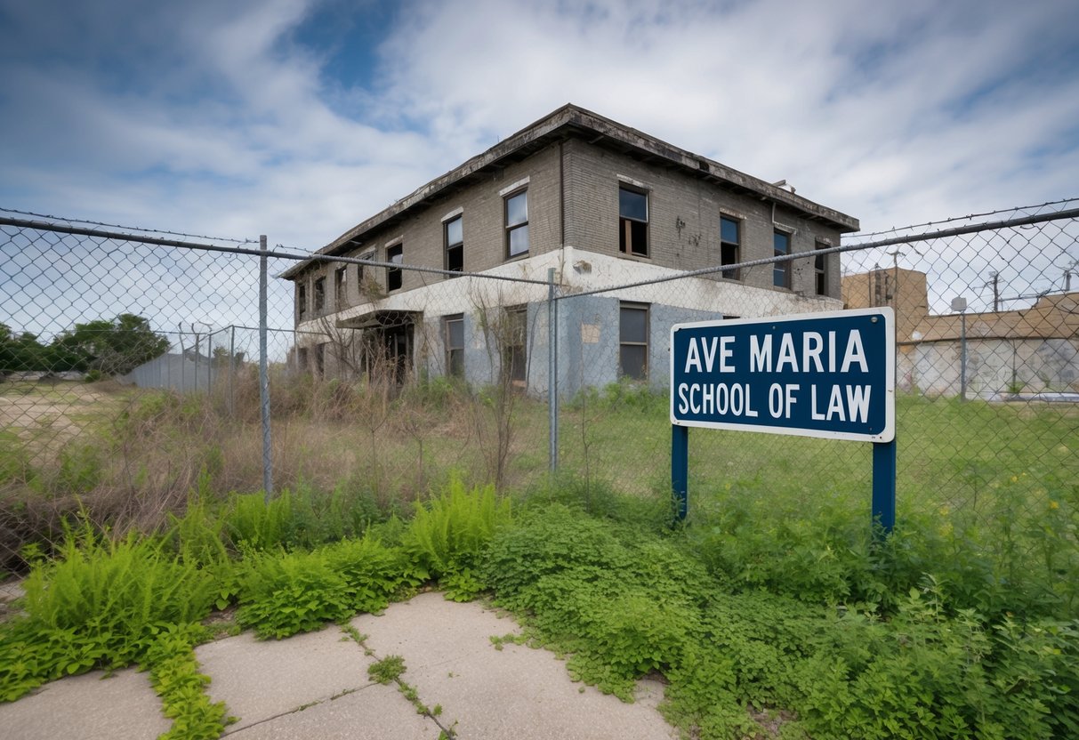 A desolate, run-down building with broken windows and overgrown weeds, surrounded by a chain-link fence with a faded sign reading "Ave Maria School of Law."