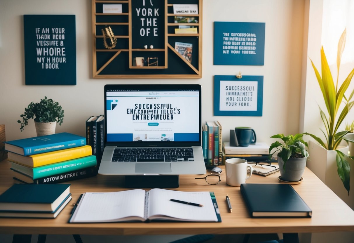 A cluttered desk with motivational books, a vision board, and a laptop displaying a successful entrepreneur's website. A plant and inspirational quotes adorn the walls