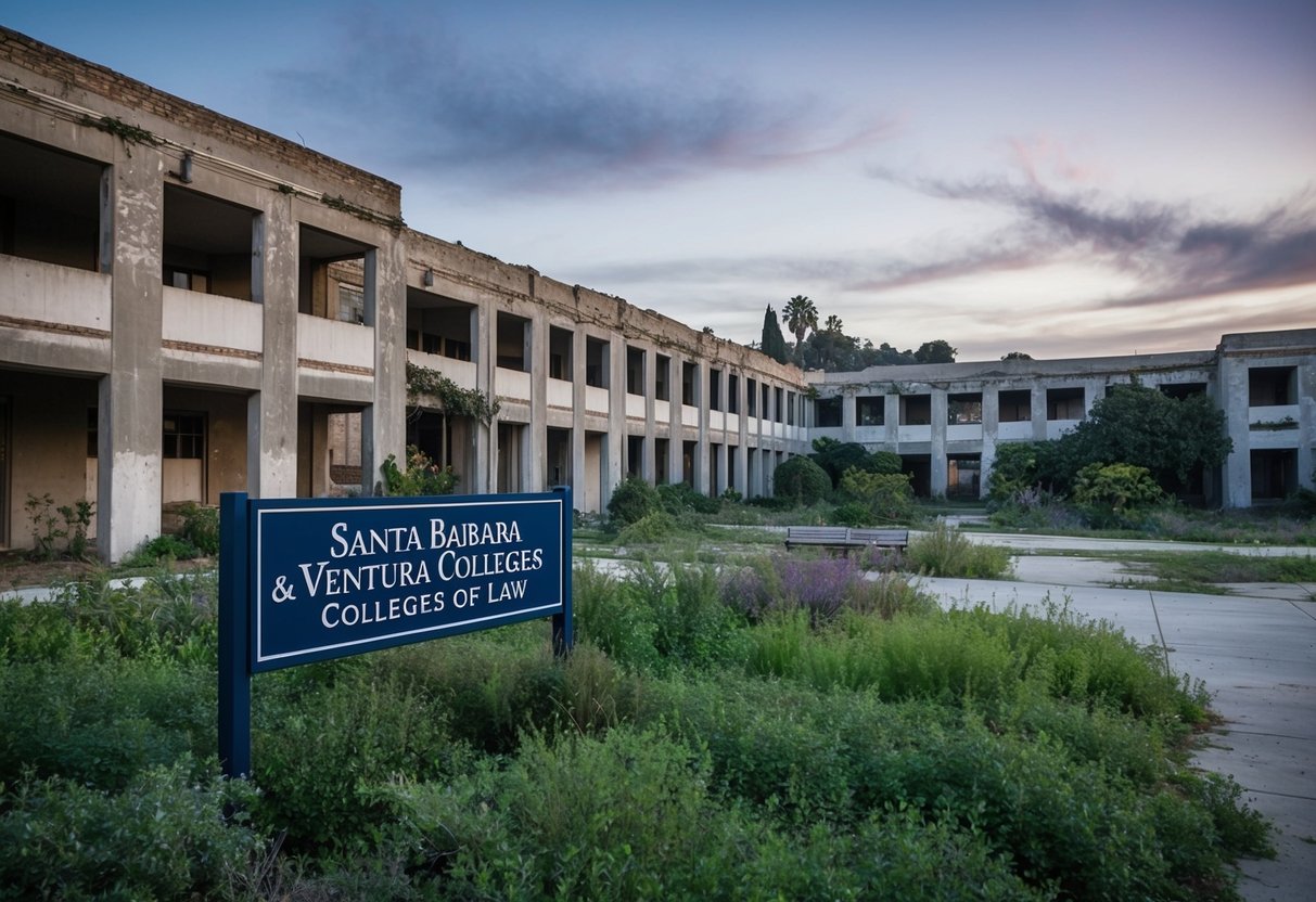 The Santa Barbara & Ventura Colleges of Law are depicted in a rundown and neglected state, with crumbling buildings and overgrown landscaping