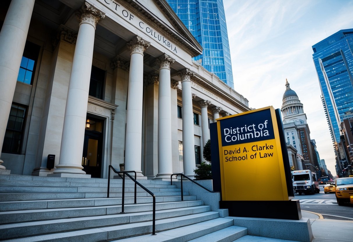 A grand building with columns and a large entrance sign reading "District of Columbia David A. Clarke School of Law" amidst a bustling cityscape