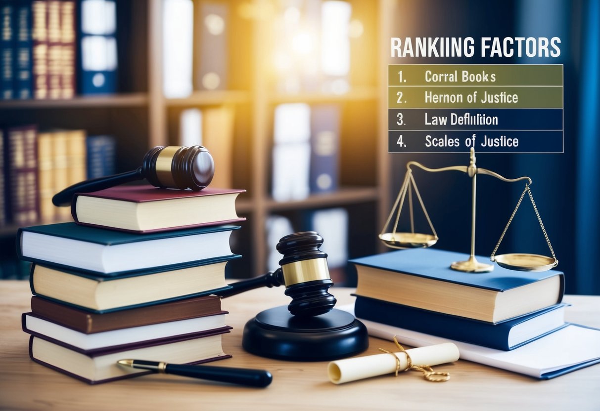 A stack of law books surrounded by a gavel, scales of justice, and a diploma. A chart displaying various ranking factors hovers above