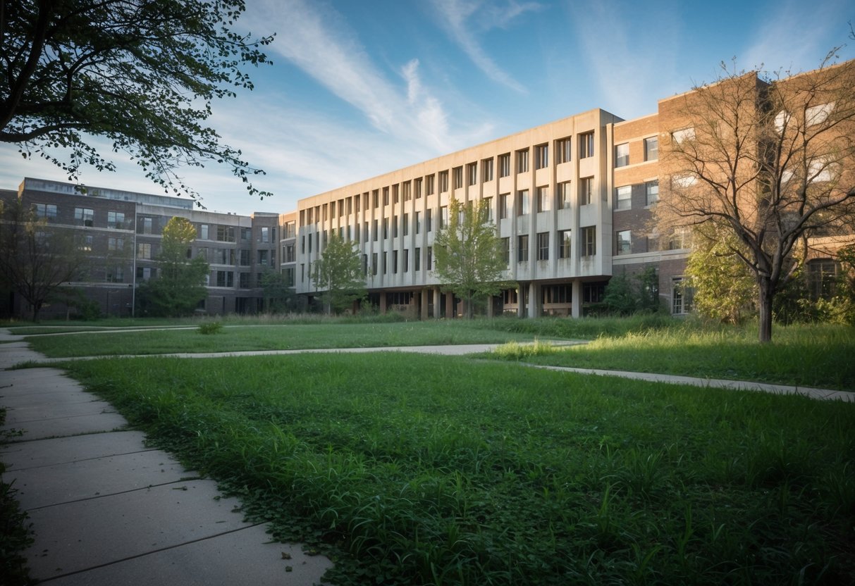 A desolate campus with neglected buildings and overgrown lawns. A sense of abandonment and decay permeates the scene, reflecting the negative impacts of attending lower-ranked law schools