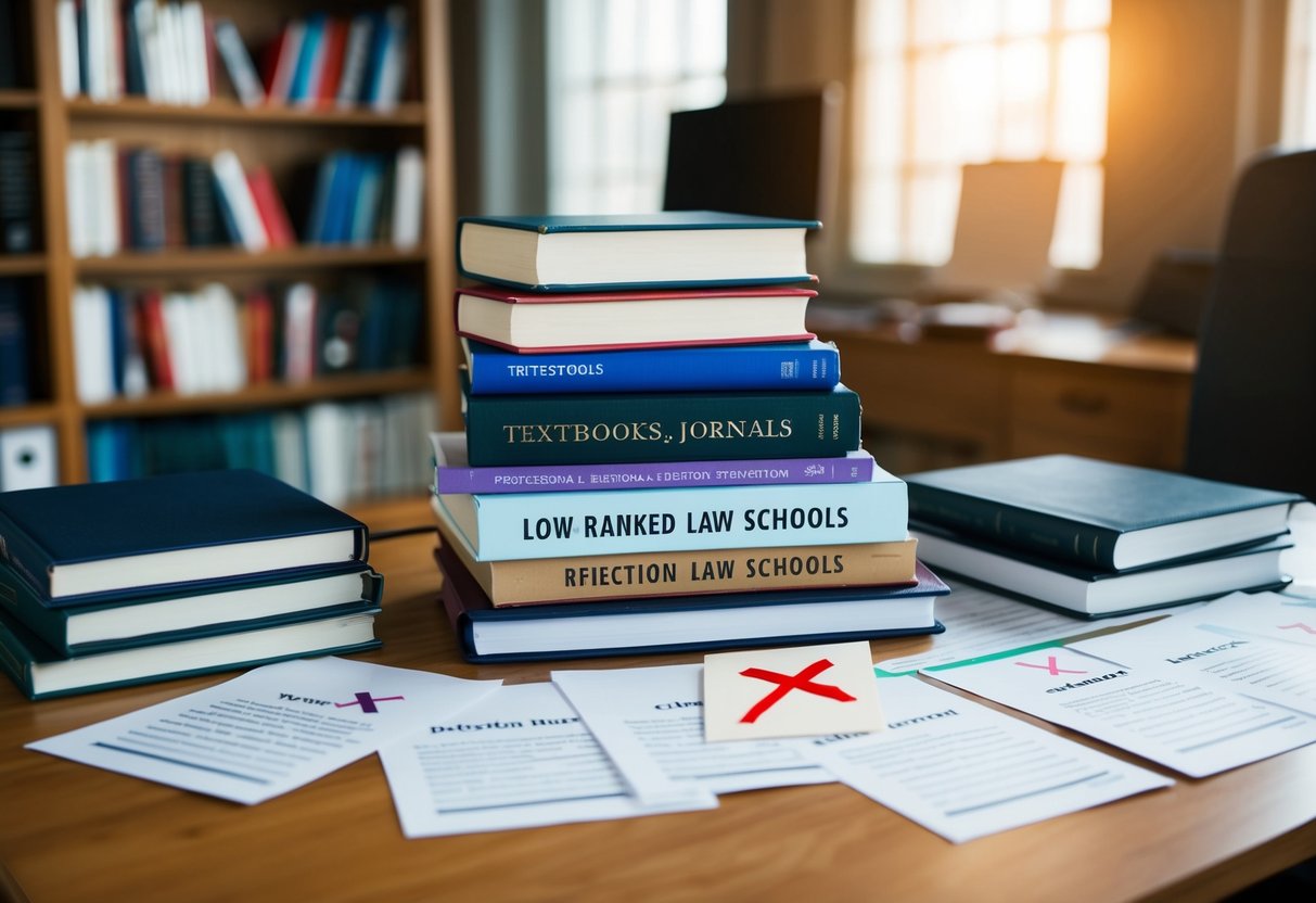 A stack of textbooks and legal journals sits on a cluttered desk, surrounded by rejection letters from low-ranked law schools. A red "X" marks the 20 worst schools on a list