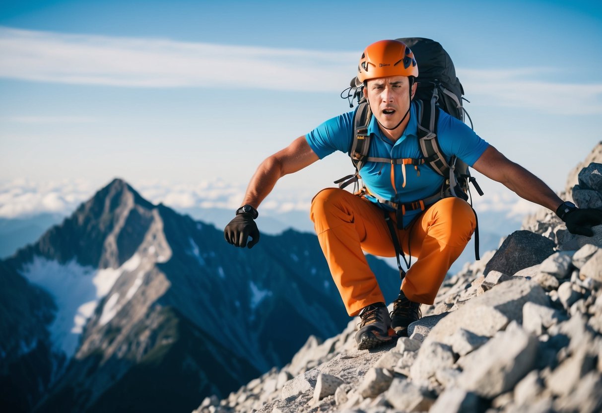 A mountain climber reaching the summit with a determined expression, overcoming obstacles along the way
