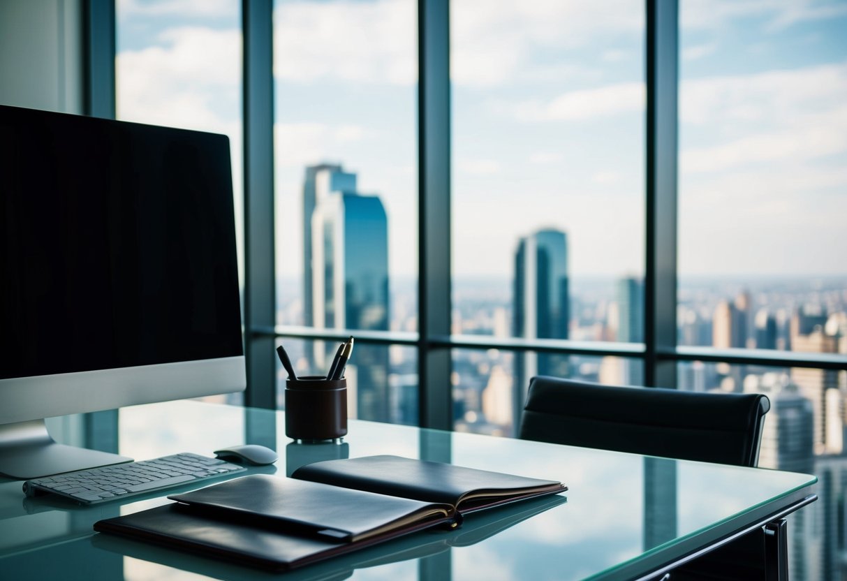 An elegant office desk with a sleek computer, leather-bound notebook, and a sophisticated pen set. A panoramic city view through a floor-to-ceiling window