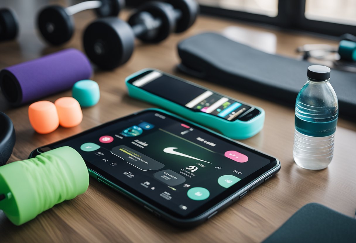 A smartphone displaying the Nike Training Club app surrounded by workout equipment and a water bottle, with a yoga mat and resistance bands nearby