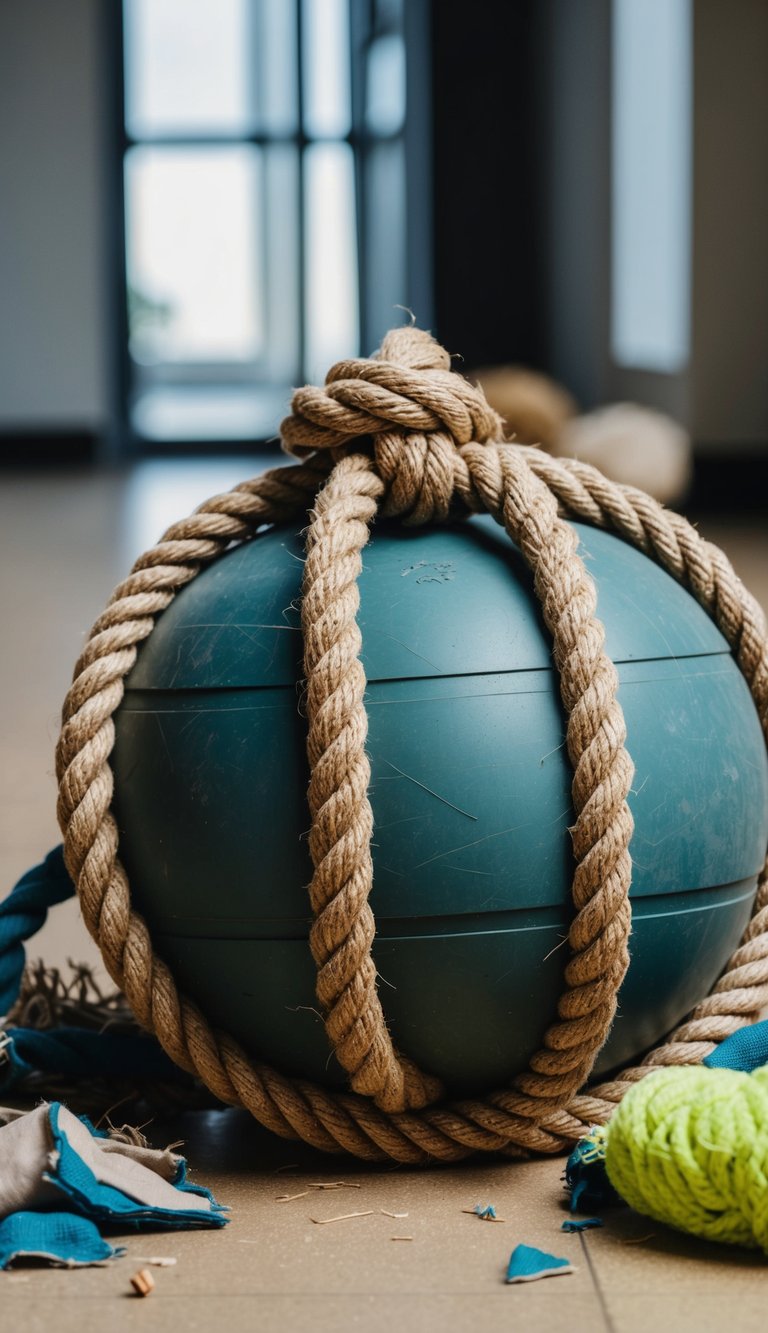 A large, sturdy dog toy with thick, knotted ropes and durable rubber. Bite marks and scratches cover the surface. Pieces of torn fabric and stuffing litter the floor
