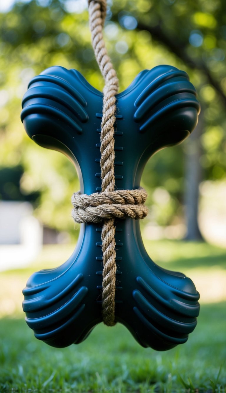 A large, sturdy rubber bone with deep grooves and thick ropes attached for tugging. A durable nylon chew toy with textured surfaces and reinforced stitching