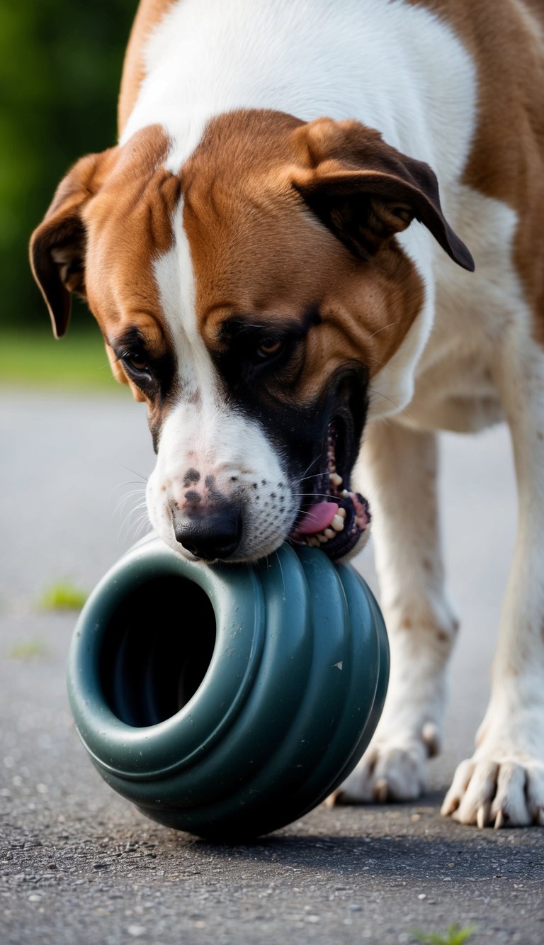 A large dog aggressively chews on a durable, rubber toy. The toy shows signs of wear and tear, but remains intact