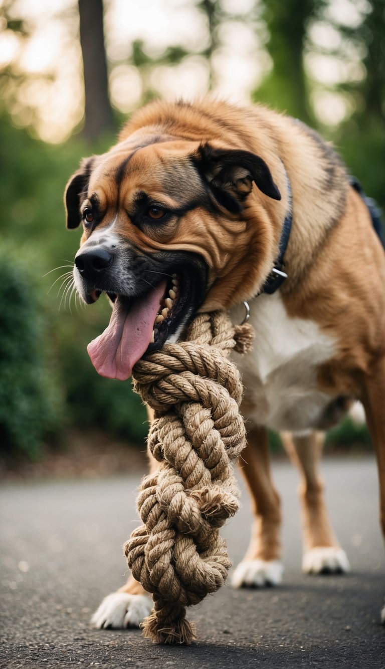 A large, sturdy dog toy with thick, knotted ropes and durable rubber material. It is being vigorously chewed on by a powerful, determined dog