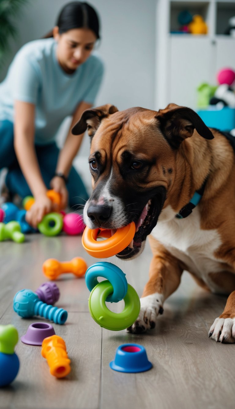 A large dog aggressively chews on a durable rubber toy while smaller toys lay scattered across the floor. A person cleans and organizes the toys in the background
