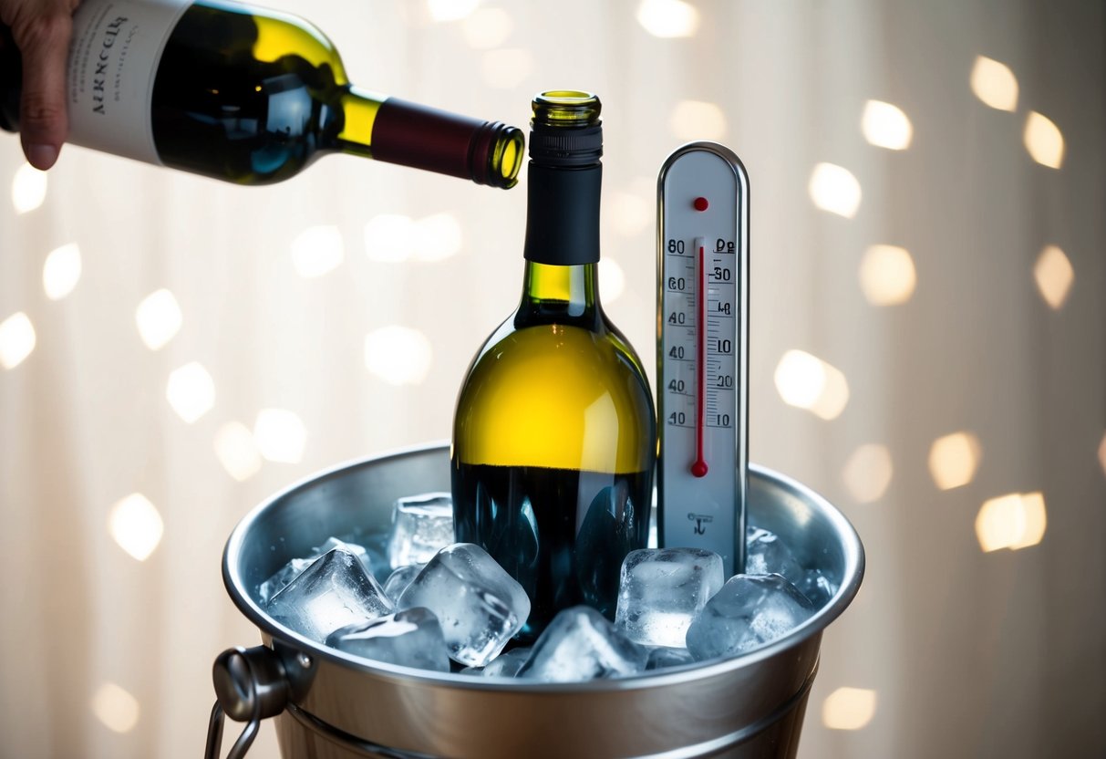 A wine bottle surrounded by ice in a bucket, with a thermometer showing the ideal temperature for serving wine