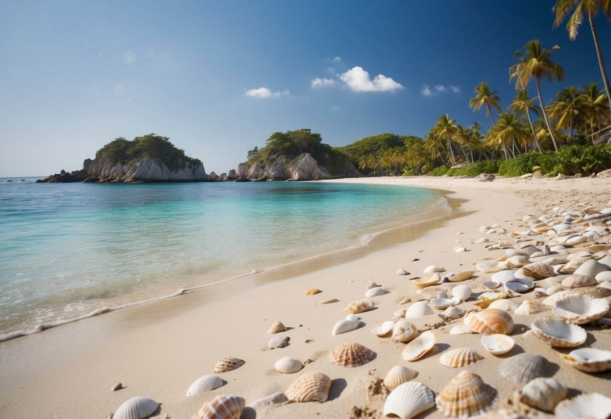 Sandy shorelines with scattered shells, crystal clear waters, and palm trees lining the coast. Rocky outcrops provide a backdrop to the serene beachscape