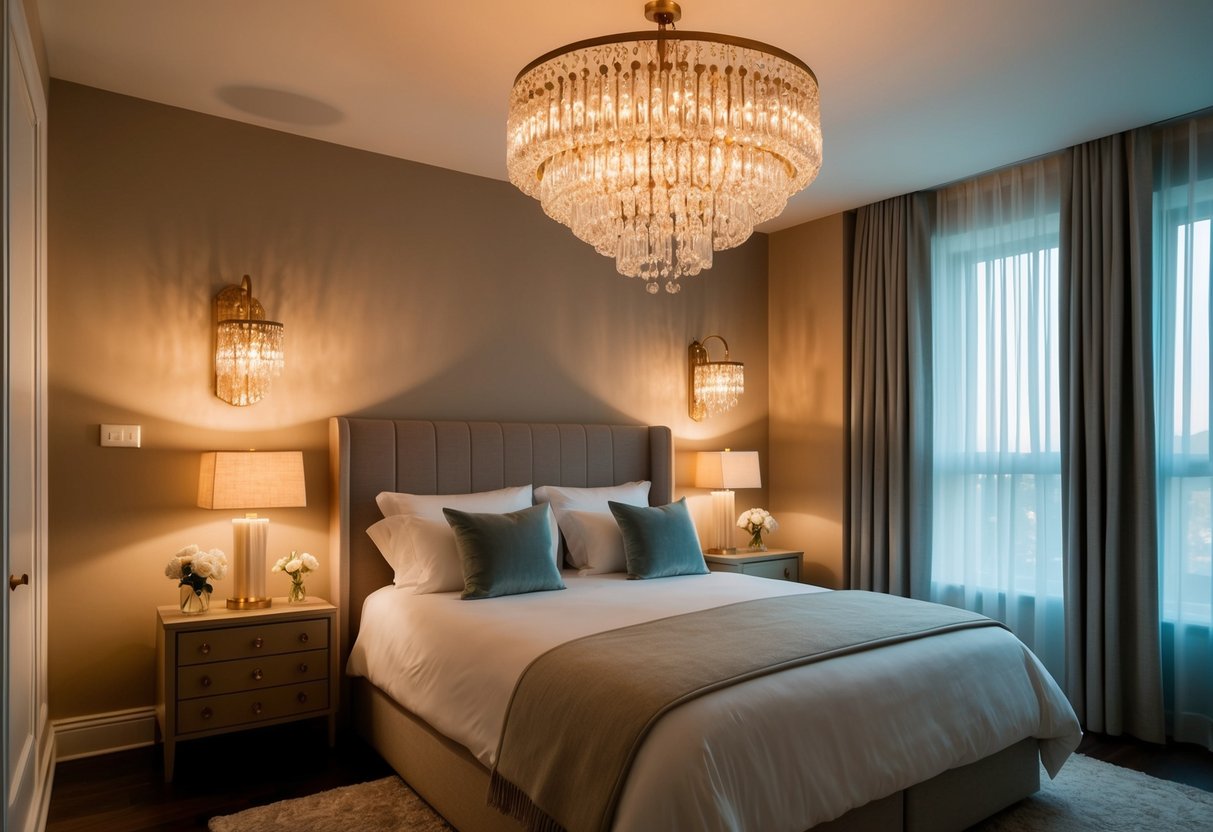 1. A cozy bedroom with warm, ambient lighting from a statement chandelier. Subtle wall sconces and bedside lamps add a soft, inviting glow