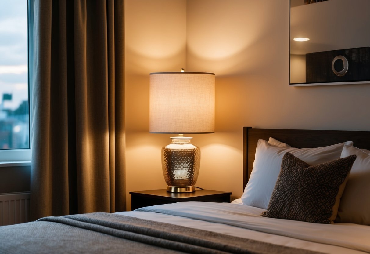 A cozy bedroom with soft, warm lighting from a Hygge Hammered Glass Lamp