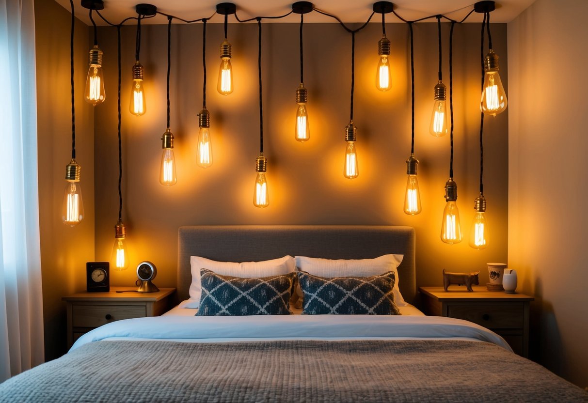 A cozy bedroom with 18 vintage Edison bulbs casting warm, ambient light around the room. The bulbs are arranged in various creative and decorative lighting ideas, creating a nostalgic and inviting atmosphere