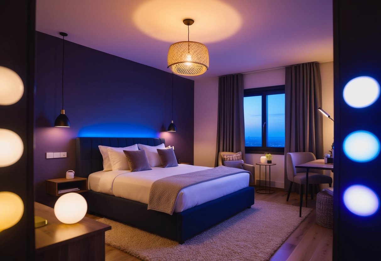 A cozy bedroom with 18 Philips Hue Color Ambiance lights creating a warm and inviting atmosphere