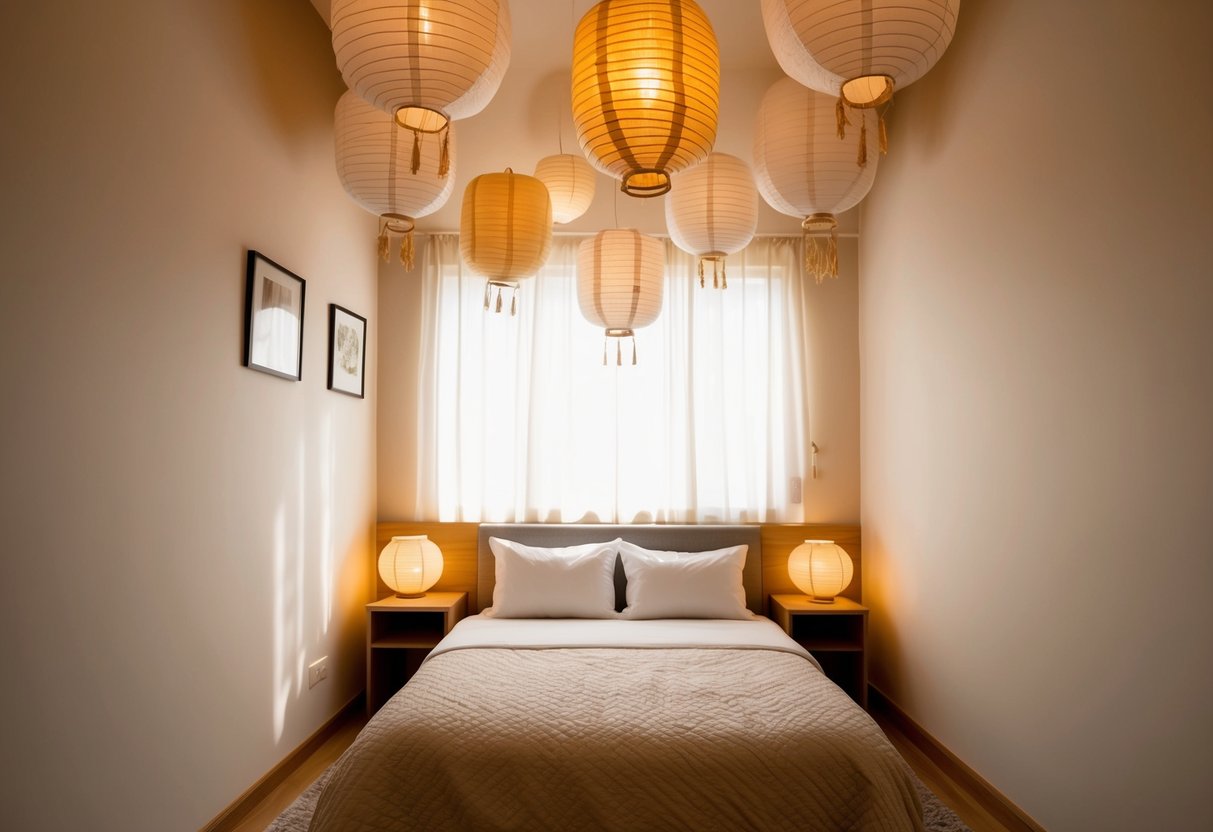 A cozy bedroom with paper lanterns hanging from the ceiling, casting a warm and gentle glow throughout the room