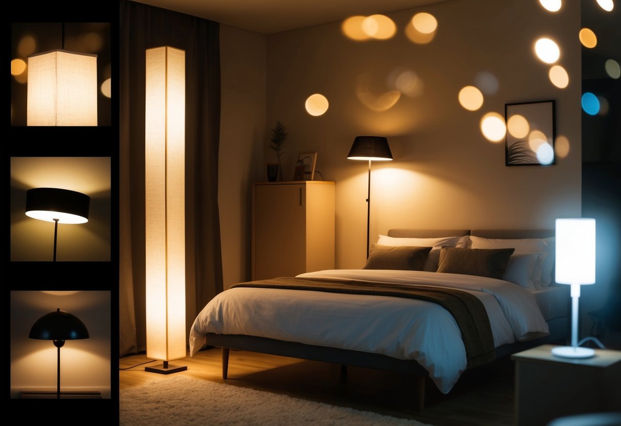 A cozy bedroom with a dimmable floor lamp casting a warm glow, illuminating the space. Various lighting options and styles are showcased throughout the room