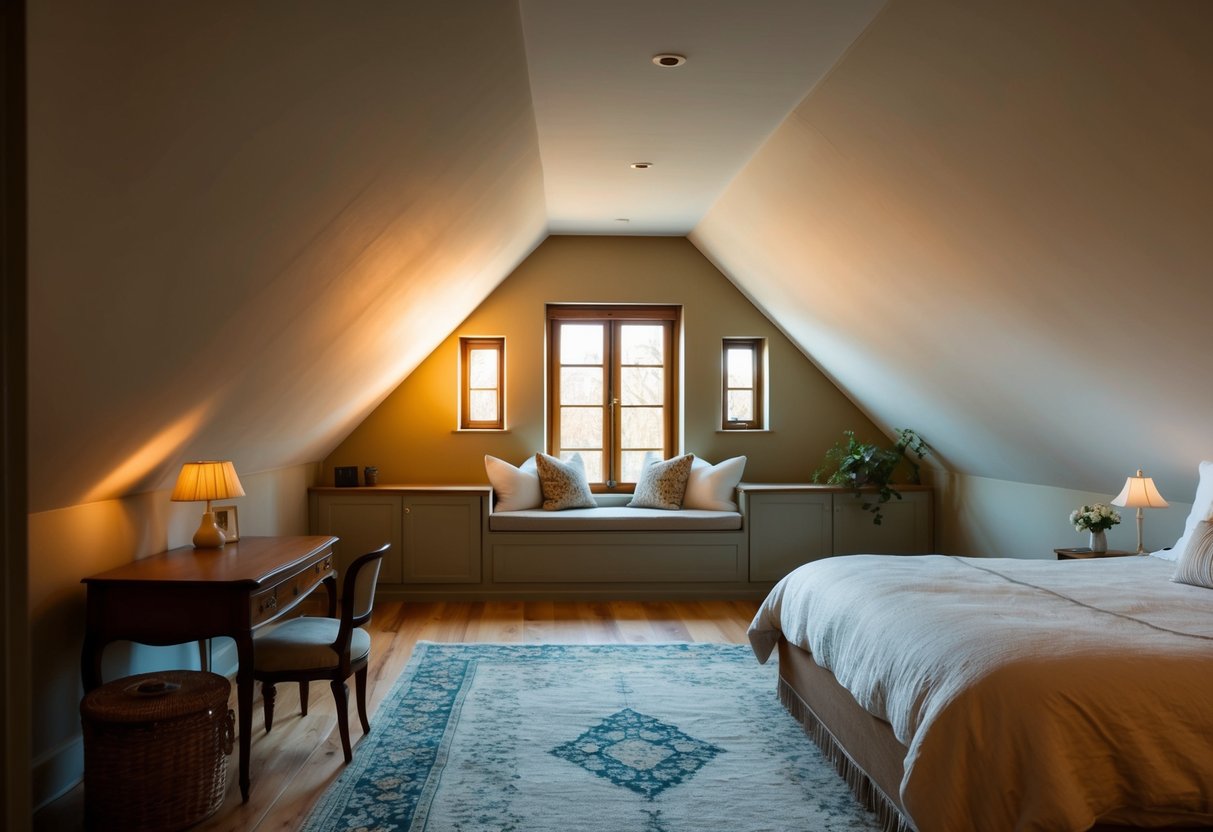 An attic bedroom with sloped ceilings, a cozy window seat, vintage furniture, and warm, soft lighting