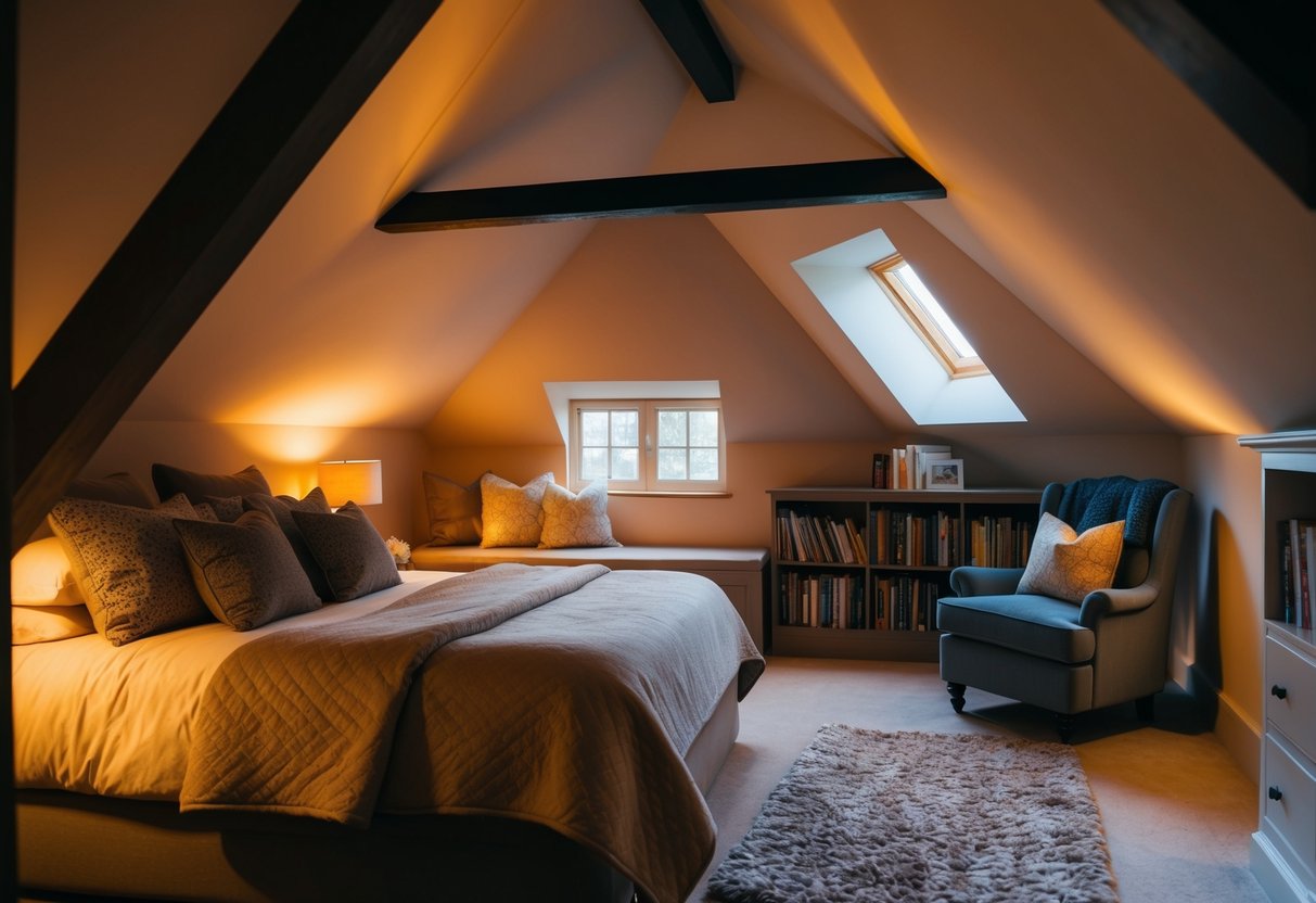 A loft bedroom with warm lighting, a plush bed, and soft blankets. A small reading nook with a comfy chair and a bookshelf. Decorative pillows and cozy rugs complete the inviting space