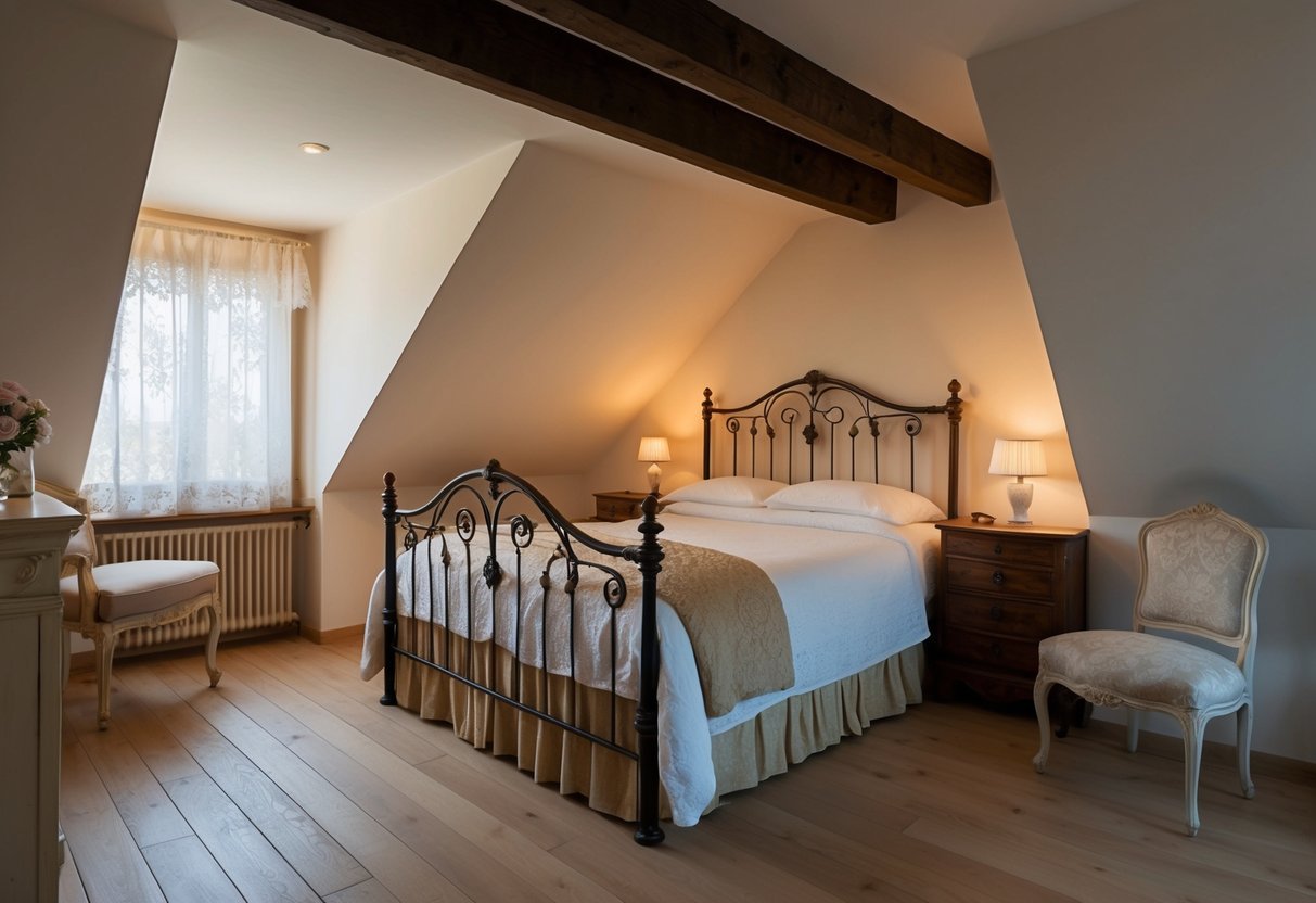 A cozy attic bedroom with a vintage allure, featuring a wrought iron bed, lace curtains, antique furniture, and soft lighting