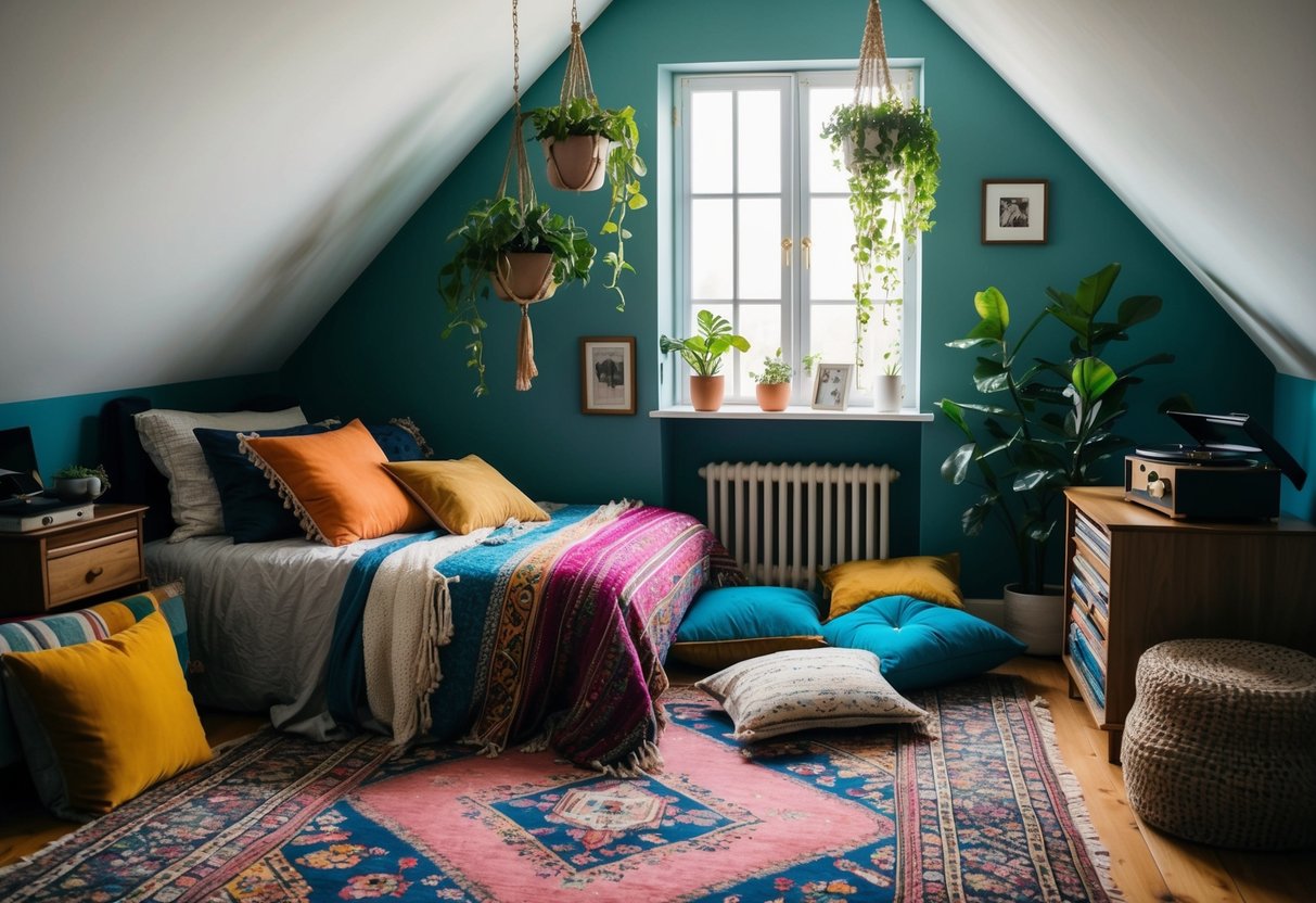 An attic bedroom with mismatched furniture, colorful rugs, hanging plants, and vintage decor. A cozy reading nook with floor cushions and a record player