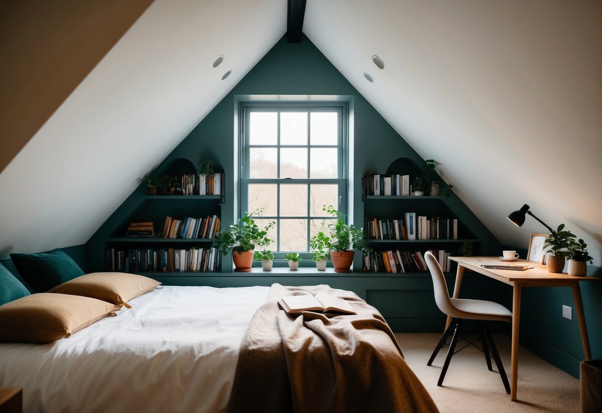 A cozy attic bedroom with sloped ceilings, soft lighting, and a window nook surrounded by books and plants. A comfortable bed with warm blankets and a small desk for writing or drawing