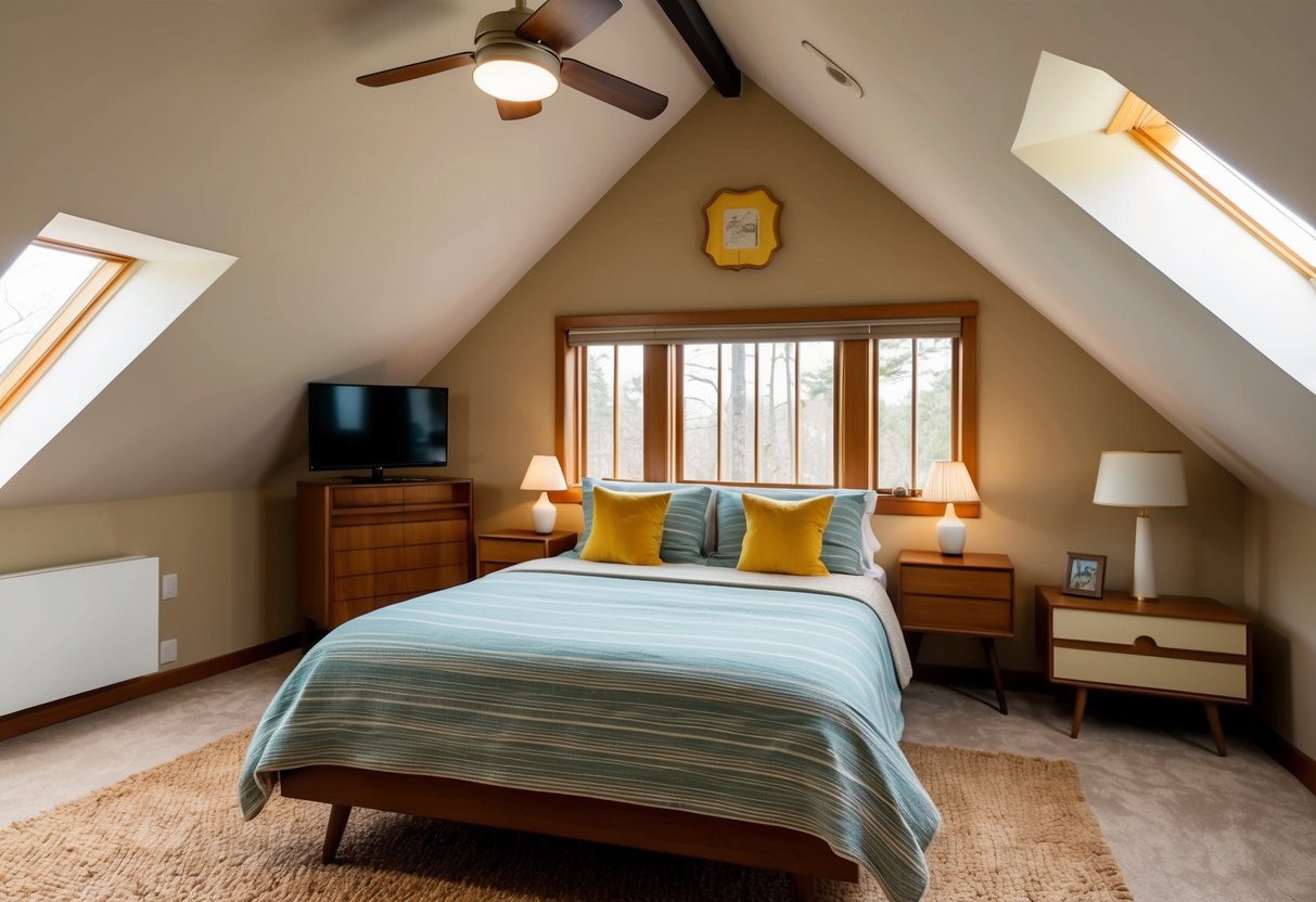 A cozy attic bedroom with sloped ceilings, warm wood furniture, and retro decor. Large windows let in natural light, showcasing the mid-century modern style