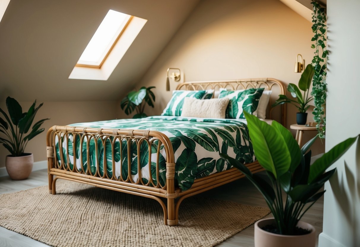 A cozy attic bedroom with a tropical theme. A rattan bed frame, palm leaf print bedding, and potted plants create a relaxing island atmosphere