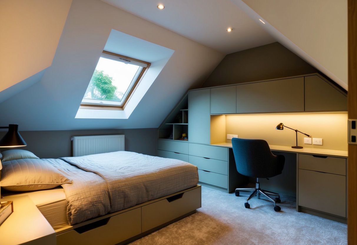 An attic bedroom with a sloped ceiling, cozy bed, built-in storage, and a small desk. Natural light streams in through a dormer window, illuminating the space