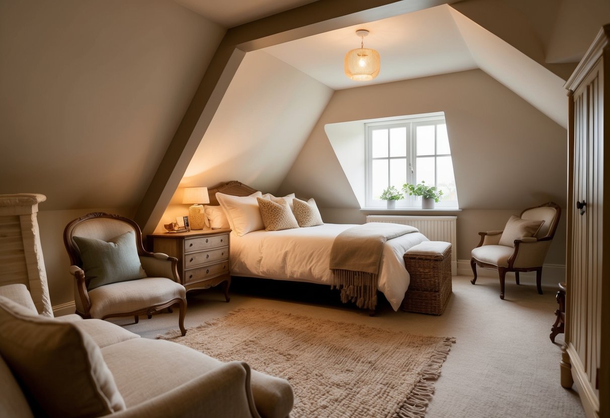 A cozy attic bedroom with a sloped ceiling, soft lighting, and a comfortable bed. Decor includes vintage furniture and soft textiles for a warm, inviting atmosphere