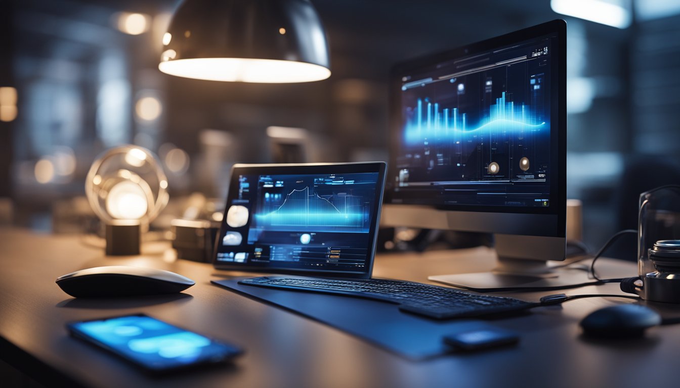 A sleek, modern device with a glowing screen sits on a table. It is surrounded by various electronic gadgets and wires, emitting a faint, futuristic glow