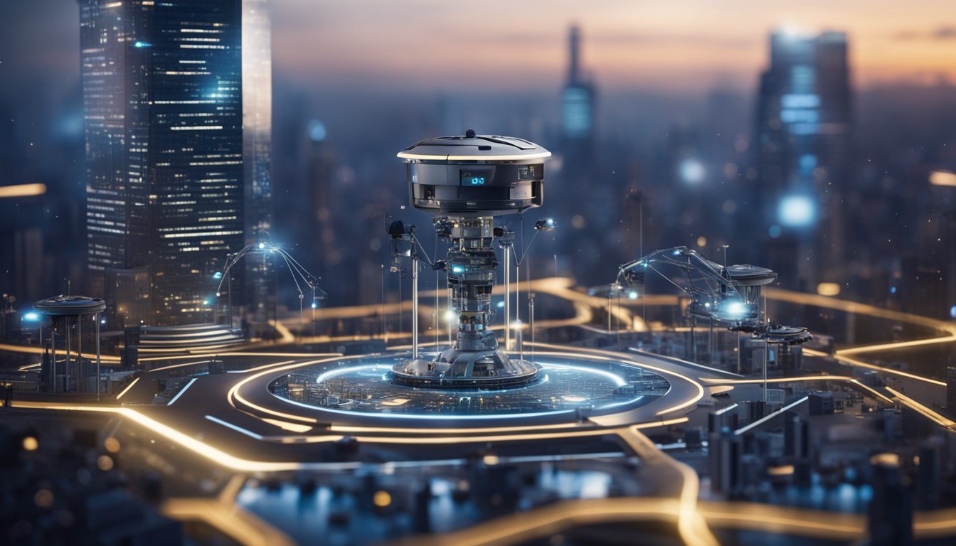 A sleek, futuristic AI system, the Technological Foundation viggle, with glowing panels and intricate circuitry, stands against a backdrop of a digital cityscape