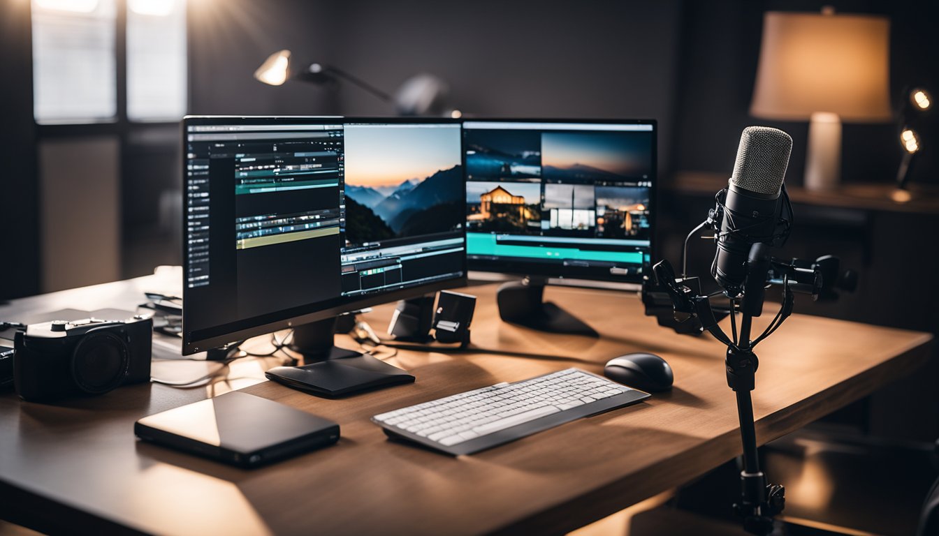 A desk with a computer, camera, and microphone set up for vlogging. A bright light shines on the setup, creating a professional and inviting atmosphere