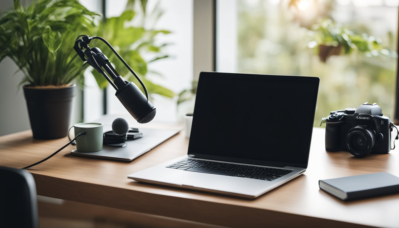 A desk with a laptop, camera, and microphone. Books and plants in the background. Bright, natural lighting