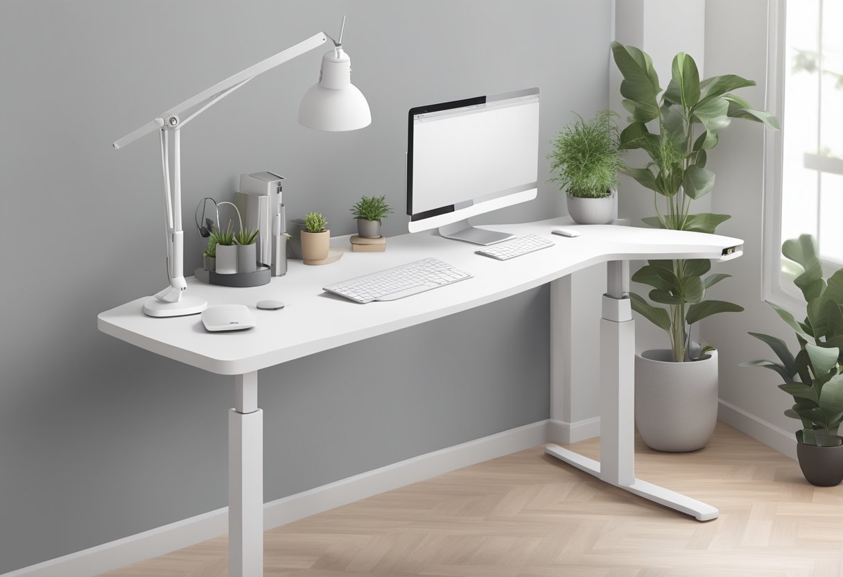 A sleek, white L-shaped standing desk with minimalist design. Accessories like a sleek lamp, potted plant, and digital devices adorn the desk