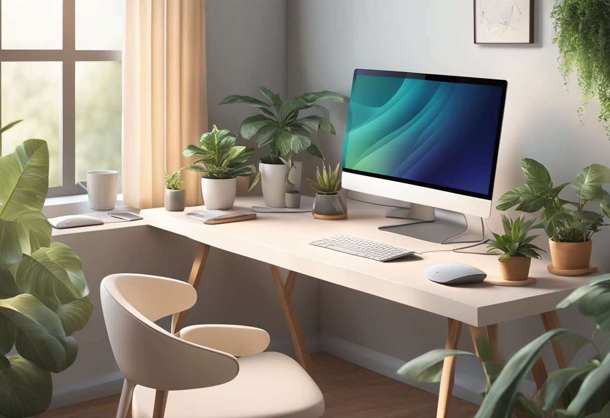 A cozy, modern home office setup with a laptop, wireless keyboard, and mouse on a sleek desk, surrounded by plants and natural light