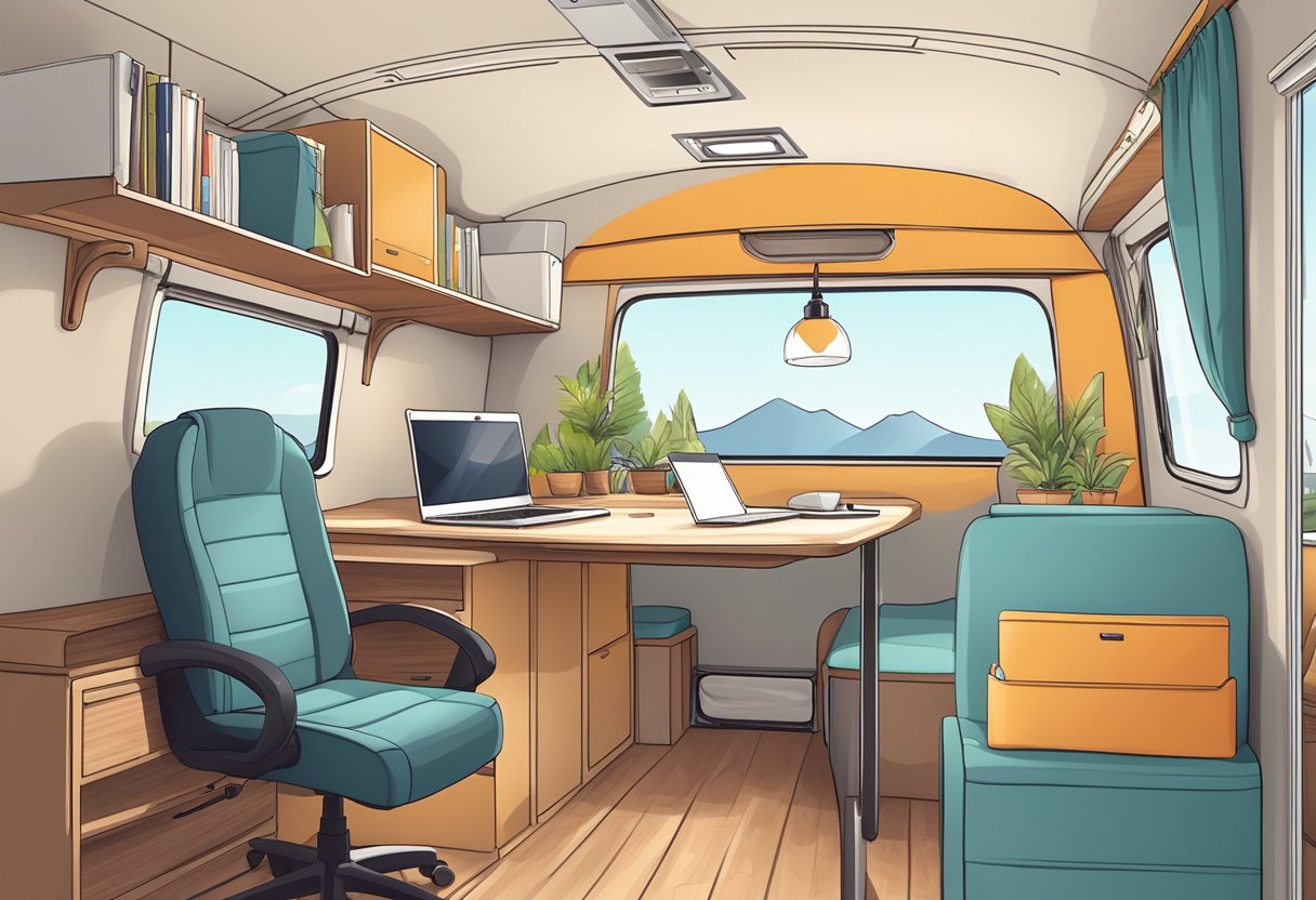 A cozy, compact home office setup inside a camper van, with a laptop on a fold-out desk, surrounded by storage compartments and a comfortable chair