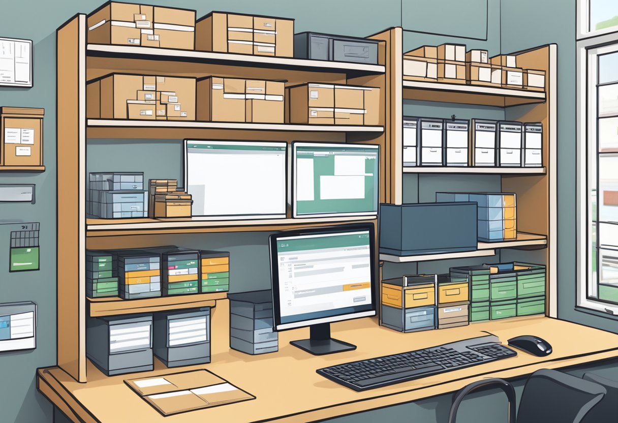 An organized workspace with shelves, labeled boxes, and a computer screen displaying an inventory management program interface