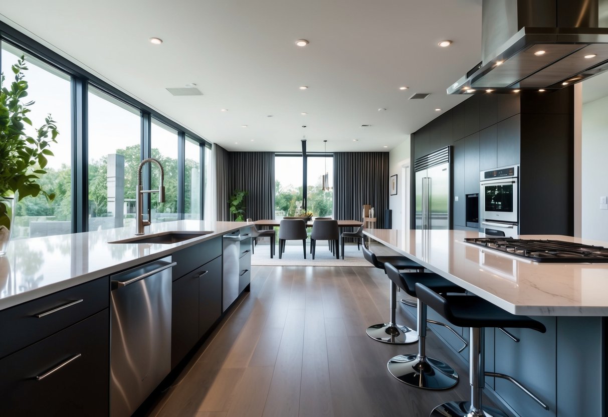 A modern kitchen with sleek countertops, stainless steel appliances, and a large island with barstools. Natural light floods in through large windows, illuminating the space