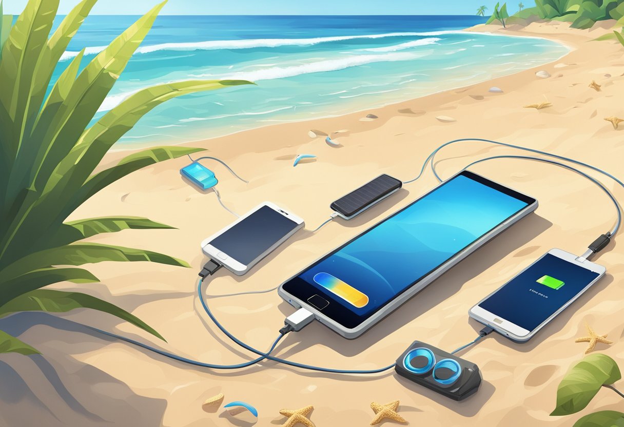 A bright, sunny day at the beach with portable solar chargers scattered on the sand, connected to various electronic devices like phones and speakers